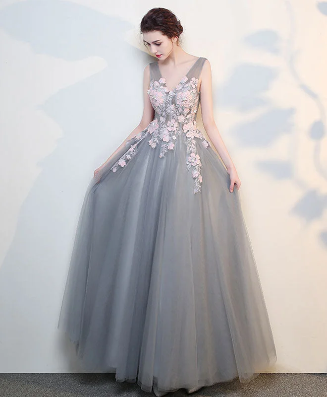 Gray V Neck Lace Long Prom Dress, Grey Evening Dress