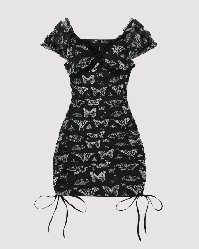 Witchy Woods Butterfly Print Drawstring Ruched Dress