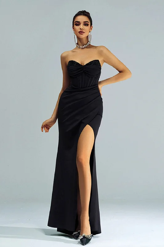 Black Mermaid Strapless Sequined Ruched Corset Long Formal Dress with Slit