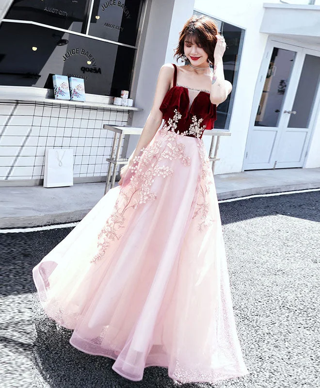 Pink Sweetheart Tulle Lace Long Prom Dress, Pink Evening Dress