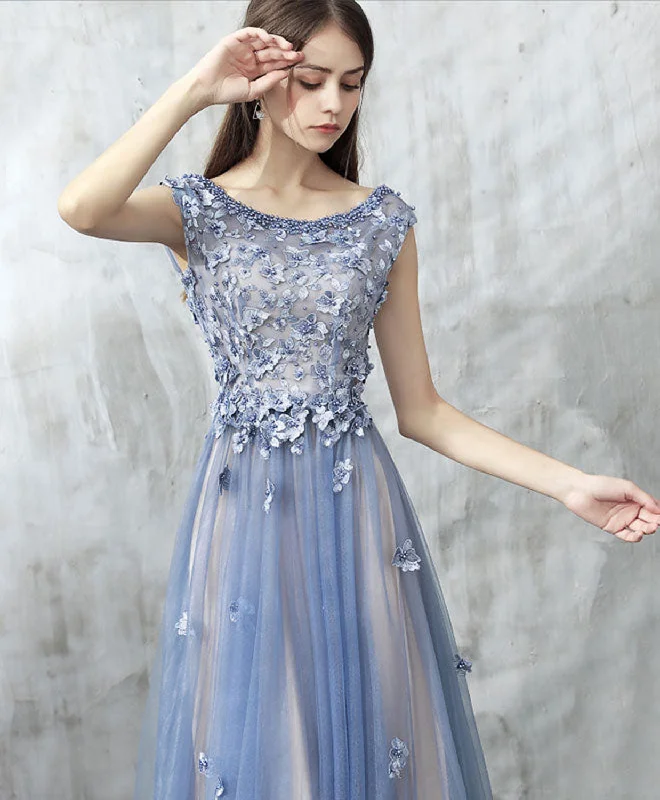 Blue Lace Applique Beads Tulle Long Prom Dress, Lace Evening Dress