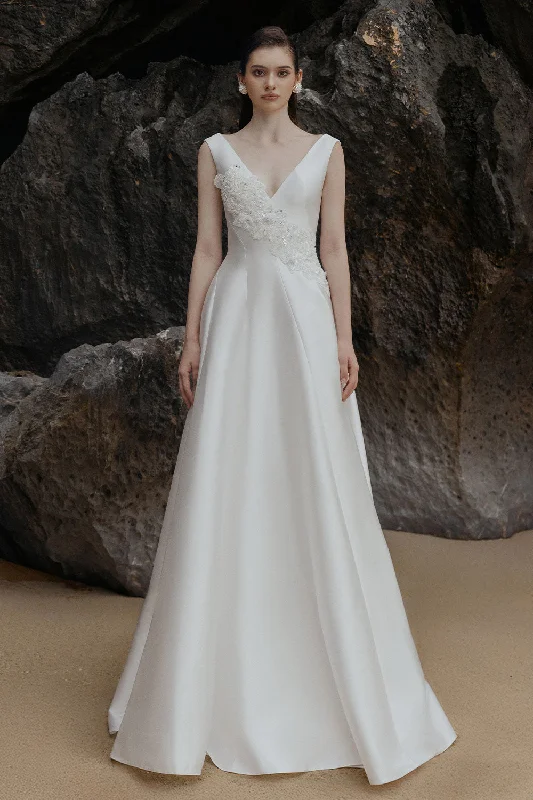 Khaleesi A-line Plunge Neck Satin Floor Length Dress