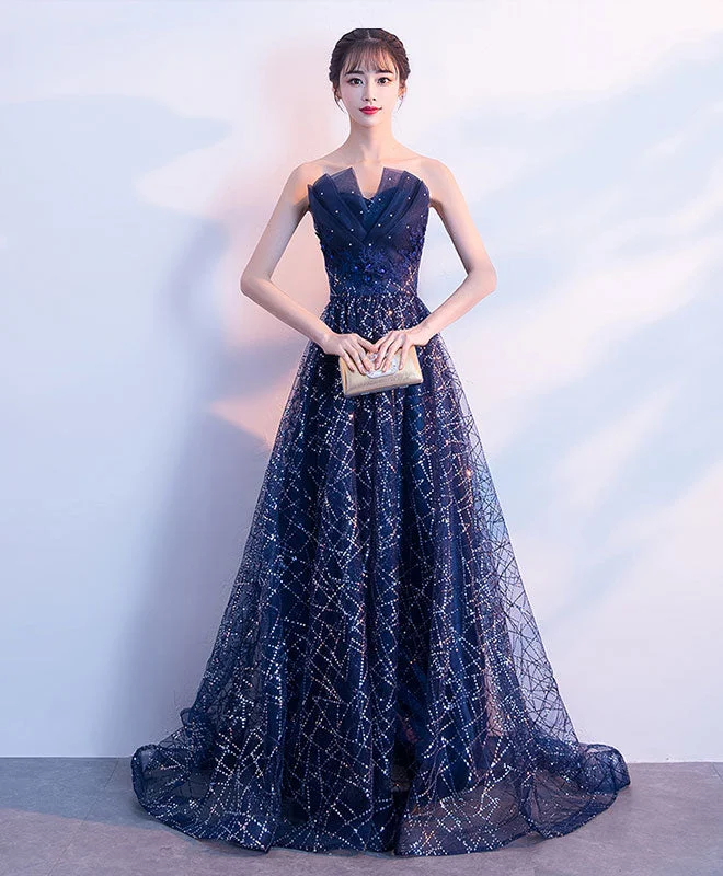 Elegant Blue Lace Tulle Long Prom Dress, Blue Evening Dress