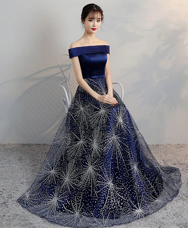 Blue Off Shoulder Long Prom Dress, Blue Evening Dress