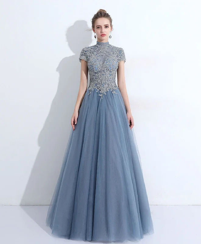 Gray Blue Round Neck Tulle Lace Long Prom Dress, Gray Blue Evening Dress