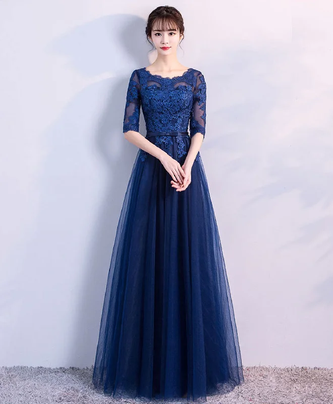 Blue Tulle Lace Long Prom Dress, Lace Evening Dress