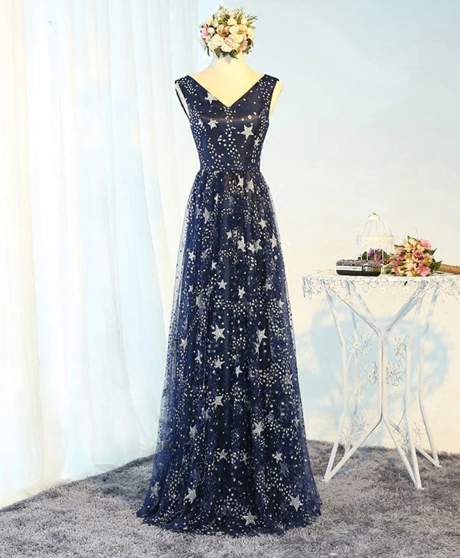 Blue V Neck Long Prom Dress, Blue Evening Dress