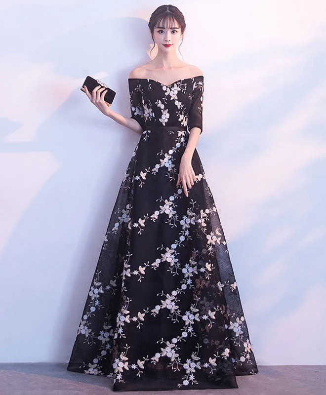 Black V Neck Off Shoulder Long Prom Dress, Black Evening Dress