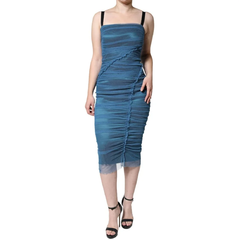 Dolce & Gabbana Blue Mesh Trim Ruched Tulle Sheath Dress