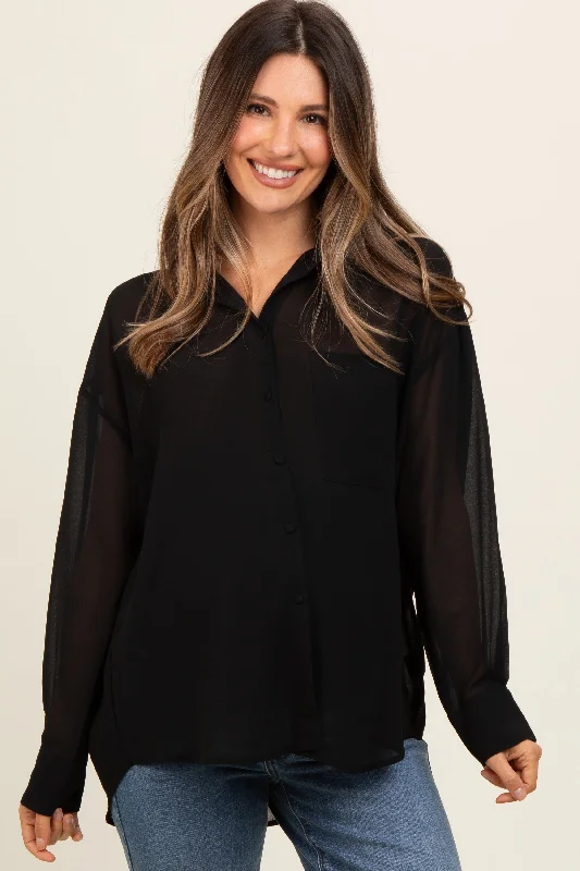 Black Sheer Button Down Maternity Blouse Embroidered Cotton Blouse