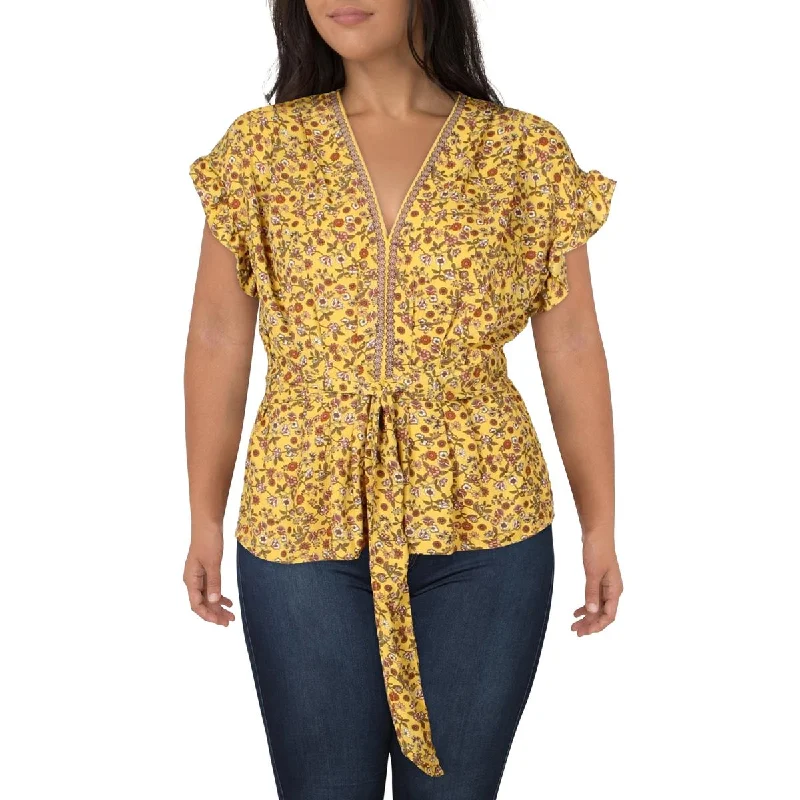 Max Studio Womens V Neck Tie Waist Blouse Feminine Puff Blouse
