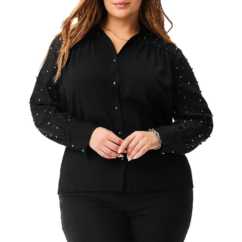 Nic + Zoe Womens Plus Constellation Woven Studded Blouse Flowy Bohemian Blouse
