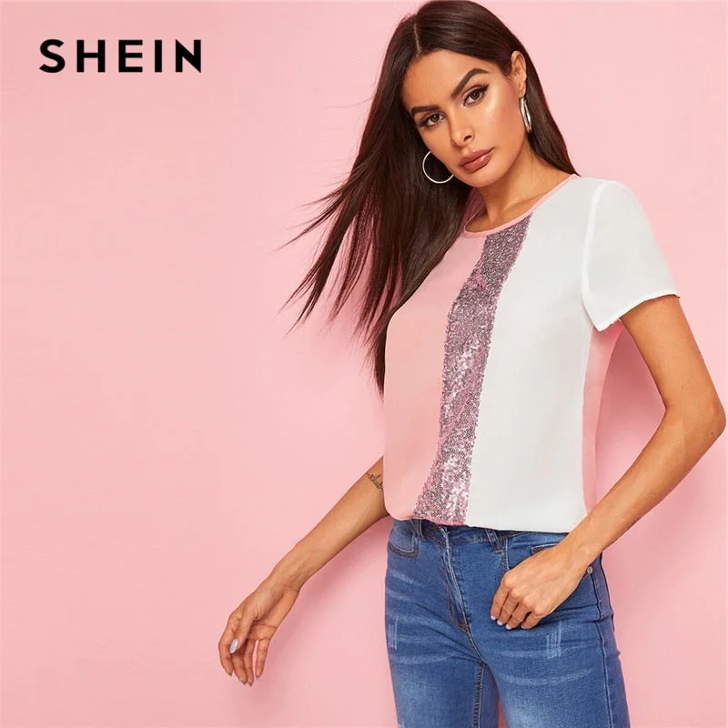 SHEIN Sequins Contrast Panel Spliced Cut-And-Sew Top Womens Tops and Blouses 2019 Casual Colorblock Short Sleeve Summer Blouses Pleated Collar Blouse