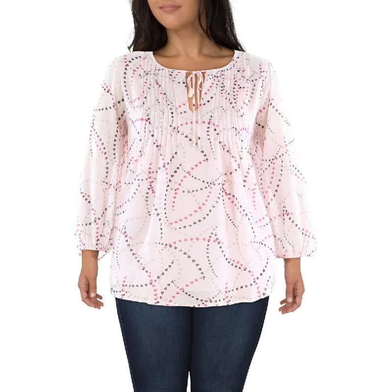 Tommy Hilfiger Womens Plus Pintuck Heart Print Blouse Loose Oversized Blouse