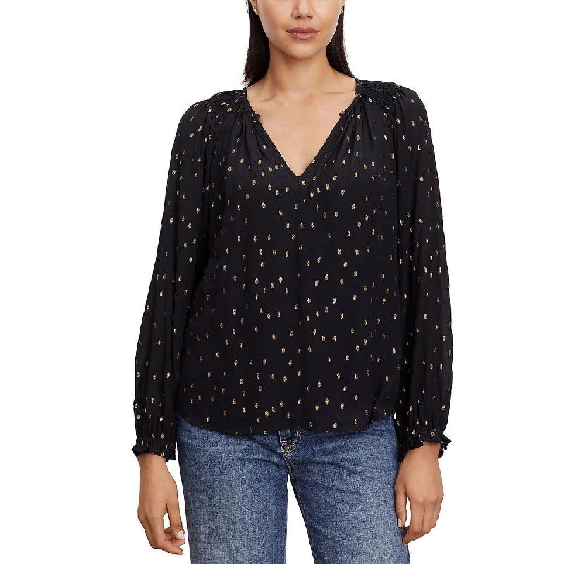 VELVET BY GRAHAM & SPENCER Womens Krista Metallic Split Neck Blouse Lightweight Chiffon Blouse