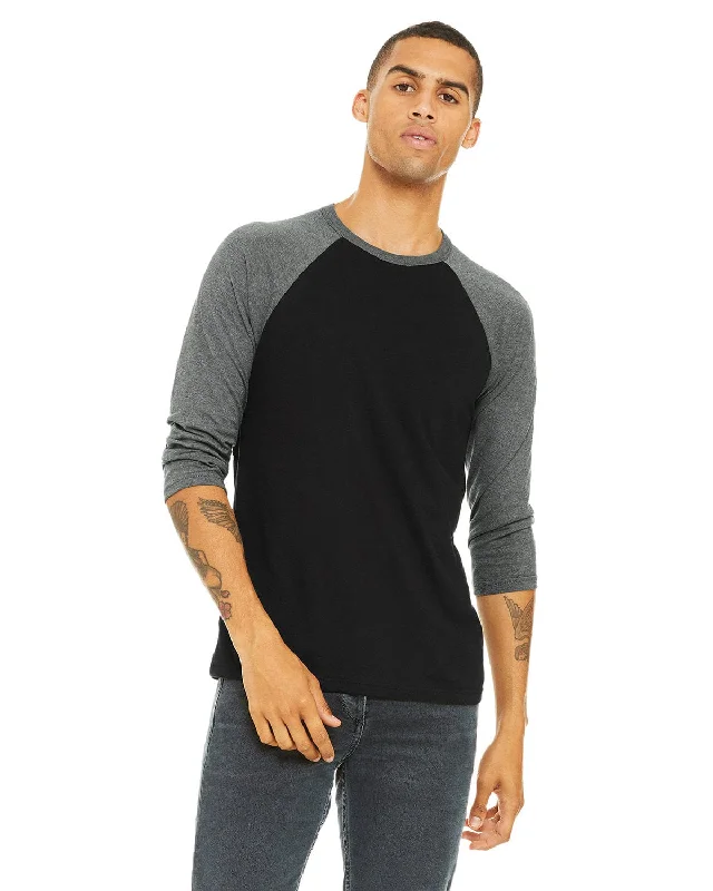 Bella+Canvas Unisex Triblend 3/4-Sleeve Baseball T-Shirt | Black/ Deep Hthr Ribbed Striped Patterned Bella+Canvas Unisex Triblend 3/4-Sleeve Baseball T-Shirt | Black/ Deep Hthr Ribbed Striped Patterned