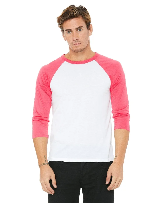 Bella+Canvas Unisex Triblend 3/4-Sleeve Baseball T-Shirt | White/ Neon Pink Fleece Fabric Down Fabric Feather Fabric Bella+Canvas Unisex Triblend 3/4-Sleeve Baseball T-Shirt | White/ Neon Pink Fleece Fabric Down Fabric Feather Fabric