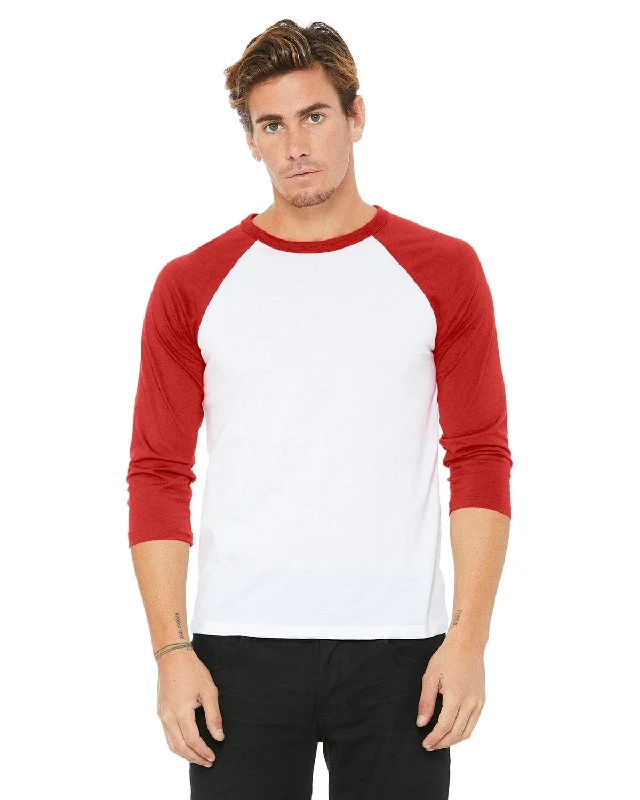 Bella+Canvas Unisex Triblend 3/4-Sleeve Baseball T-Shirt | White/ Red Ribbed Striped Patterned Bella+Canvas Unisex Triblend 3/4-Sleeve Baseball T-Shirt | White/ Red Ribbed Striped Patterned