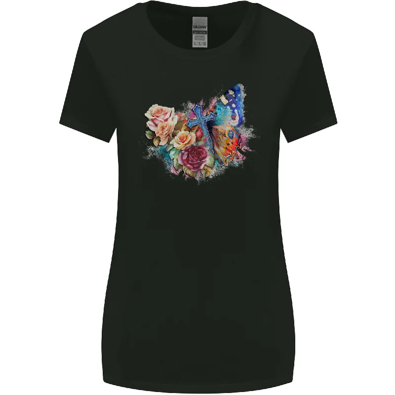 Christian Cross & Butterfly With Flowers Womens Wider Cut T-Shirt Chenille Blend Fleece Blend Nylon Blend Christian Cross & Butterfly With Flowers Womens Wider Cut T-Shirt Chenille Blend Fleece Blend Nylon Blend