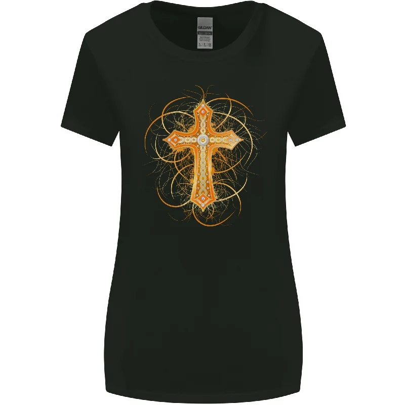 Christian Cross Medieval Fantasy Gothic Womens Wider Cut T-Shirt Print Jacquard Patchwork Christian Cross Medieval Fantasy Gothic Womens Wider Cut T-Shirt Print Jacquard Patchwork