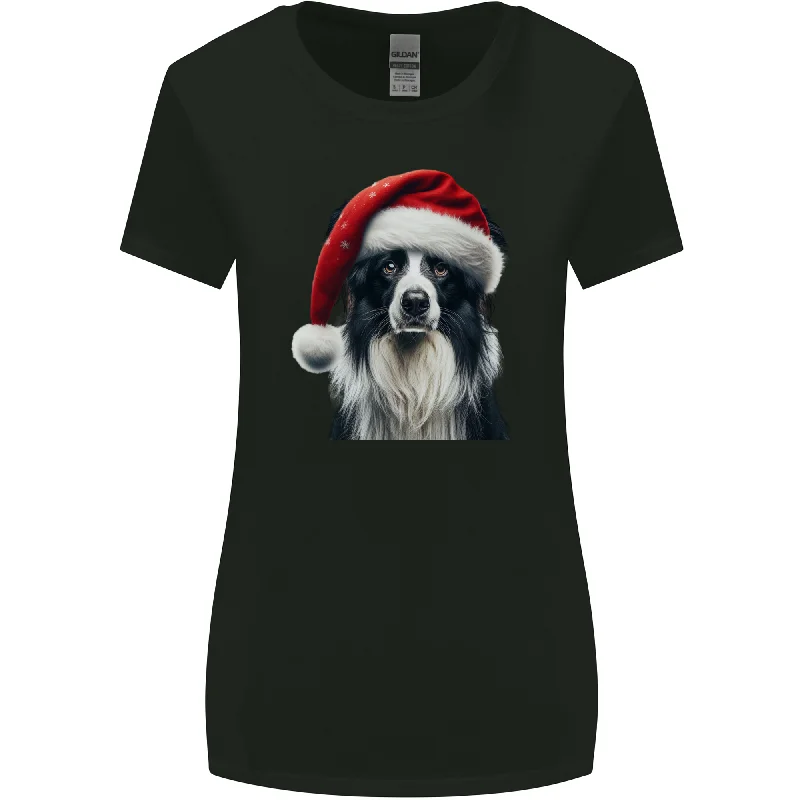 Christmas Border Collie Wearing an Xmas Hat Dog Womens Wider Cut T-Shirt Print Jacquard Patchwork Christmas Border Collie Wearing an Xmas Hat Dog Womens Wider Cut T-Shirt Print Jacquard Patchwork