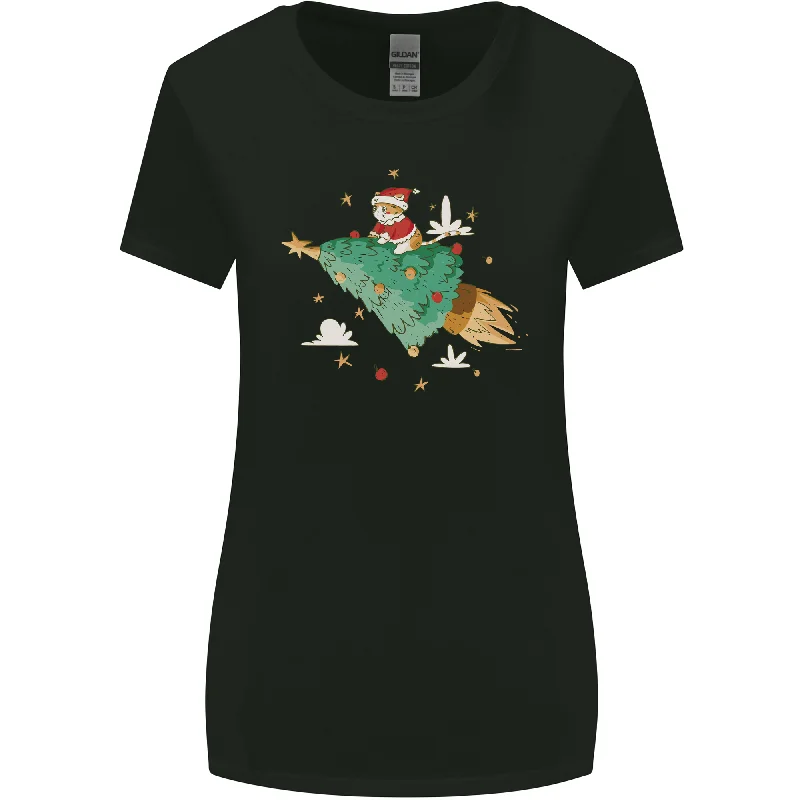 Christmas Cat Space Rocket Xmas Tree Ship Womens Wider Cut T-Shirt Embroidered Appliqued Beaded Christmas Cat Space Rocket Xmas Tree Ship Womens Wider Cut T-Shirt Embroidered Appliqued Beaded