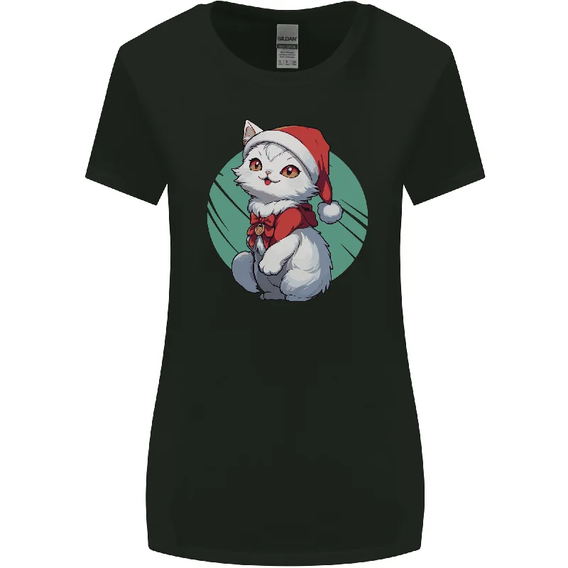 Christmas Cat With Green Background Womens Wider Cut T-Shirt Graphic T-Shirt Round Neck Polyester Christmas Cat With Green Background Womens Wider Cut T-Shirt Graphic T-Shirt Round Neck Polyester