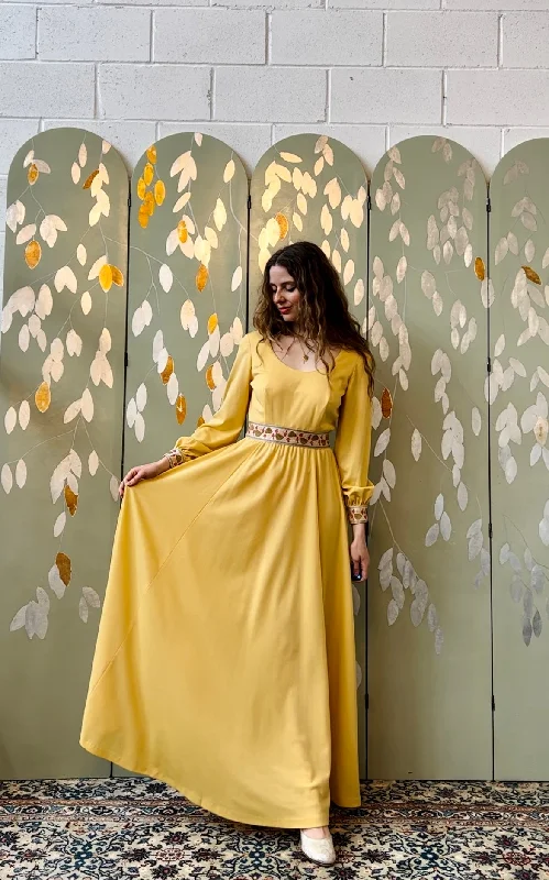 1970s Yellow Mushroom Trim Maxi Dress, Small Elegant Maxi Dress with Pockets