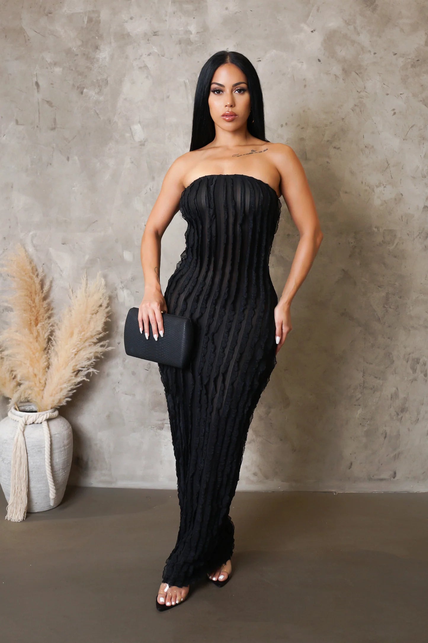 Ariella Strapless Ruffle Maxi Dress Black Trendy Maxi Dress with Belt
