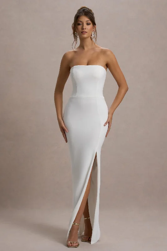 Belle of The Ball | White Bandeau Maxi Dress With Split Hem Comfortable Casual Maxi Dress Belle of The Ball | White Bandeau Maxi Dress With Split Hem Comfortable Casual Maxi Dress