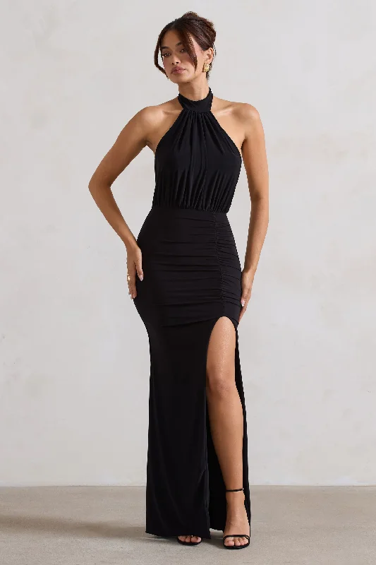 Forever Dreaming | Black Backless Halter Neck Ruched Split Maxi Dress Comfortable Maxi Dress with Belt Forever Dreaming | Black Backless Halter Neck Ruched Split Maxi Dress Comfortable Maxi Dress with Belt