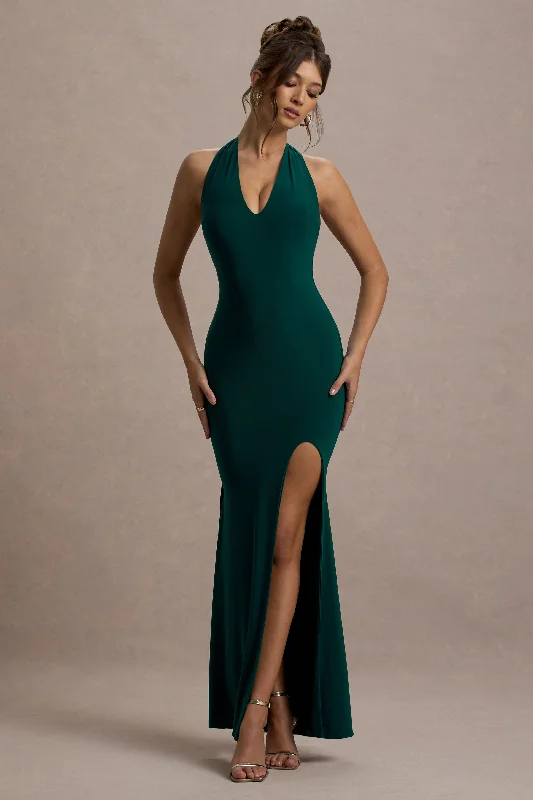 Glamour | Bottle Green Backless V Plunge Halter Neck Maxi Dress With Side Split Fashionable Sleeveless Maxi Dress Glamour | Bottle Green Backless V Plunge Halter Neck Maxi Dress With Side Split Fashionable Sleeveless Maxi Dress