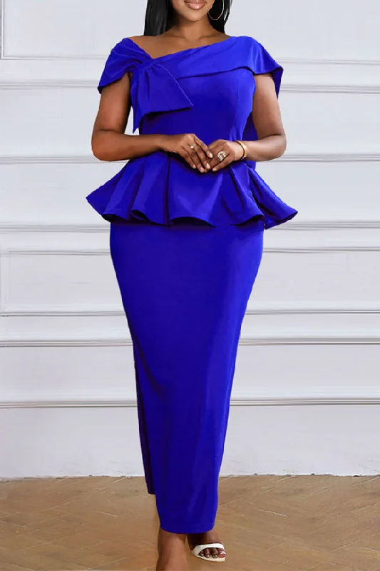 Bow Decor Romantic Peplum Maxi Dress Elegant Pleated Maxi Dress