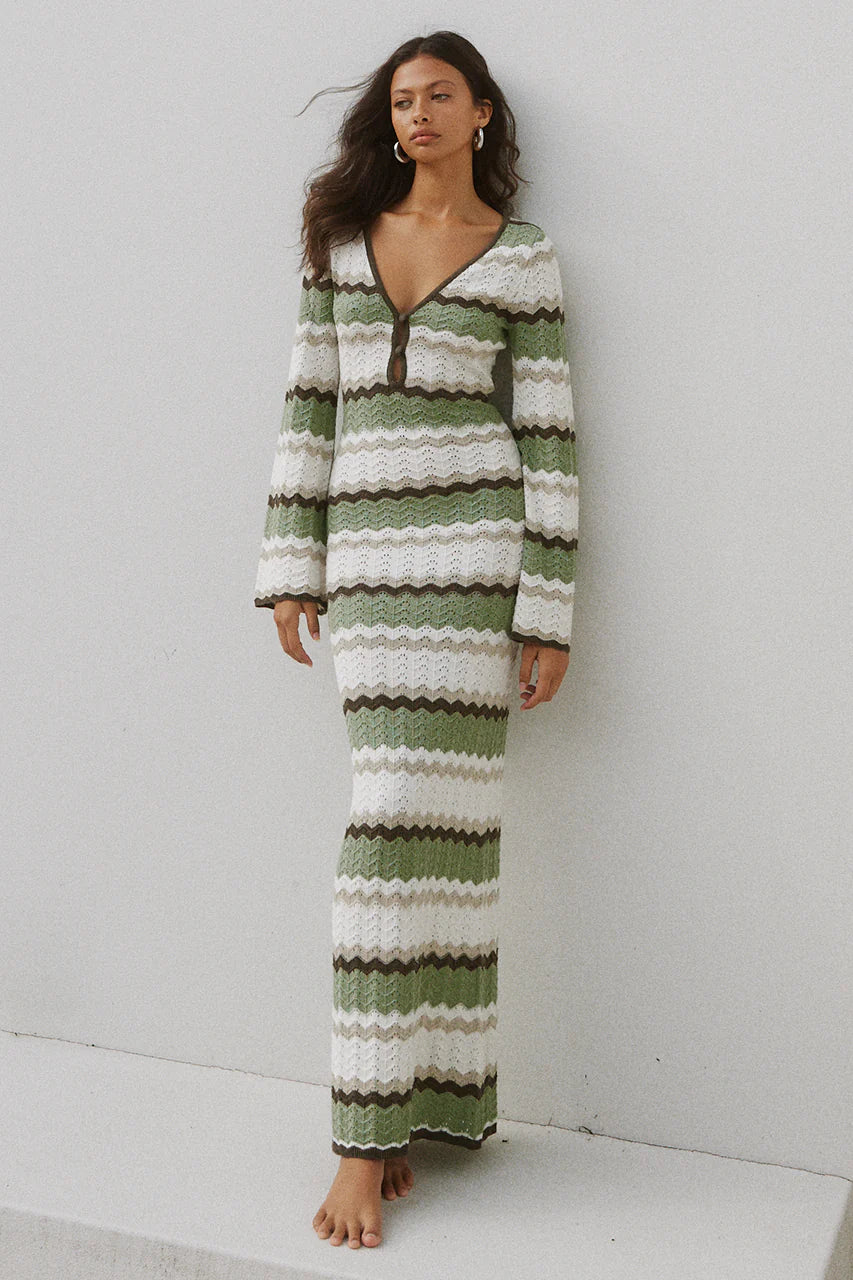 Caprice Maxi Dress Green Combo Comfortable Fit-and-Flare Maxi Dress