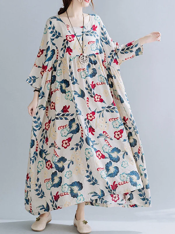 Zjkrl - Casual Floral Printed Split-Joint Round-Neck Flared Batwing Sleeves Loose Maxi Dress Trendy Satin Maxi Dress Zjkrl - Casual Floral Printed Split-Joint Round-Neck Flared Batwing Sleeves Loose Maxi Dress Trendy Satin Maxi Dress
