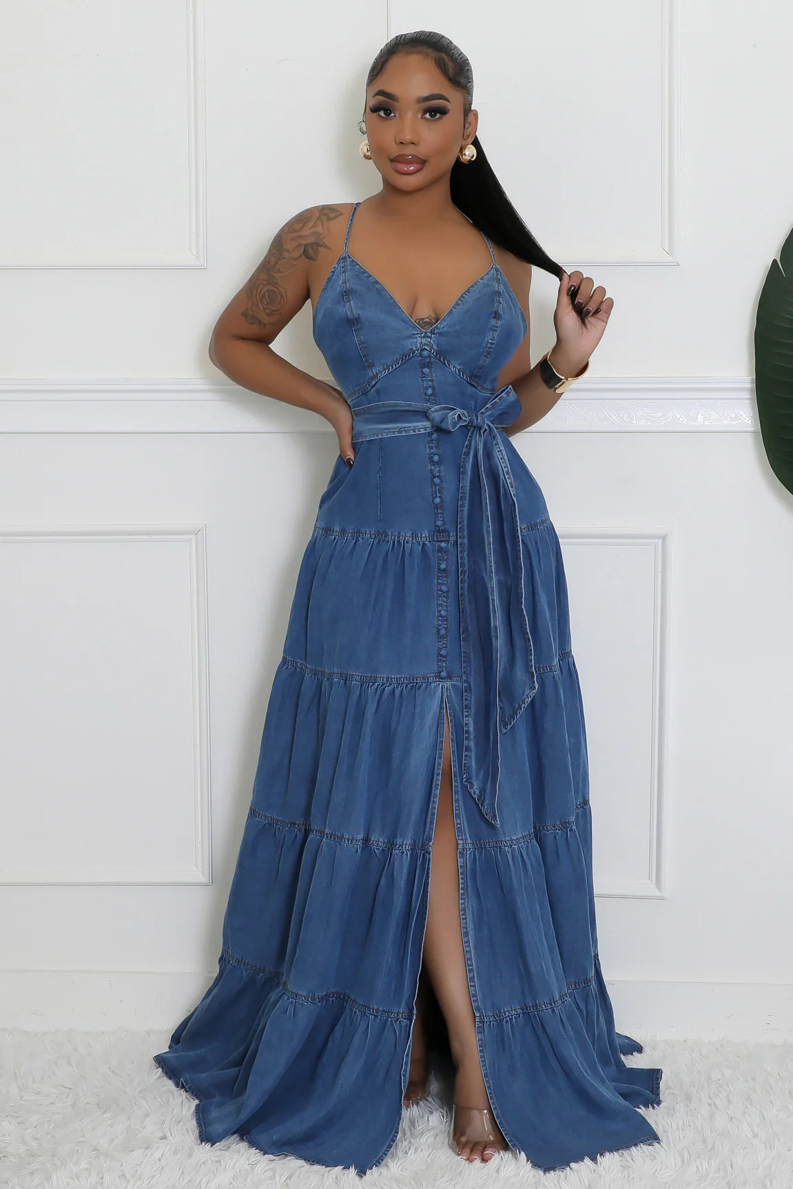 Florenza Denim Maxi Dress Medium Wash Fashionable Faux Wrap Maxi Dress