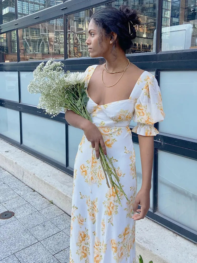 Zjkrl - V Neck Floral Summer Long Dress Women Boho Beach Style Dresses Elegant Chiffon Maxi Dresses French Dress Women Comfortable Bohemian Maxi Dress