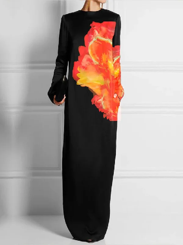 Zjkrl - Long Sleeves Loose Flower Print Round-Neck Maxi Dresses Elegant Maxi Dress with Lace Zjkrl - Long Sleeves Loose Flower Print Round-Neck Maxi Dresses Elegant Maxi Dress with Lace
