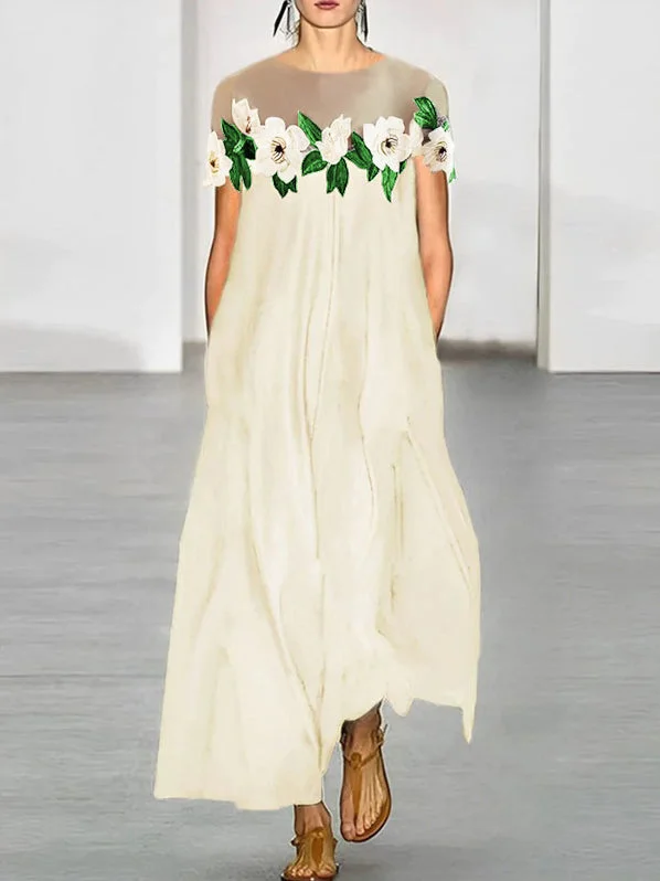 Zjkrl - Loose Short Sleeves Flower-Embellished Split-Joint Round-Neck Maxi Dresses Cozy Longline Maxi Dress Zjkrl - Loose Short Sleeves Flower-Embellished Split-Joint Round-Neck Maxi Dresses Cozy Longline Maxi Dress