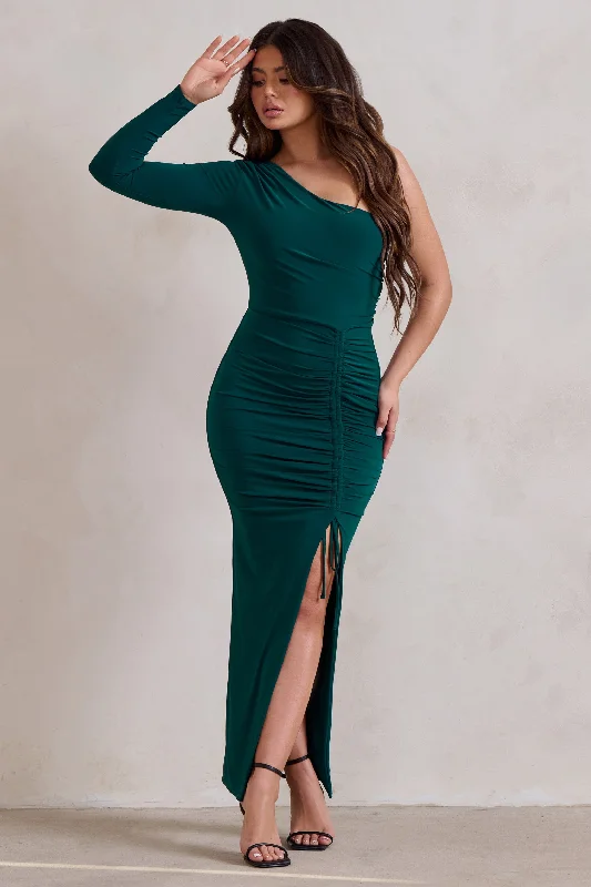 Mystical | Bottle Green One Shoulder Maxi Dress With Side Split Trendy Maxi Dress with Lace Mystical | Bottle Green One Shoulder Maxi Dress With Side Split Trendy Maxi Dress with Lace