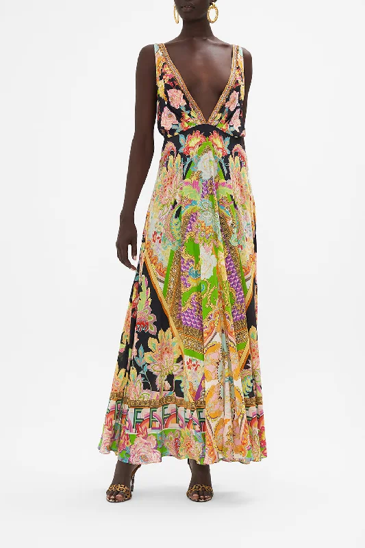 Plunge Neck Maxi Dress Sundowners in Sicily Elegant Silk Maxi Dress