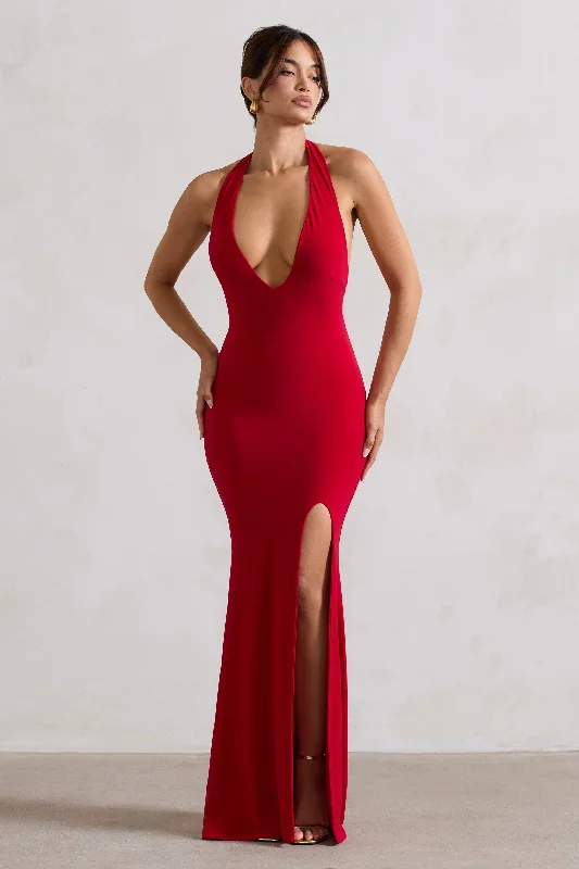 Glamour | Red Backless V Plunge Halter Neck Maxi Dress With Side Split Chic Boho Print Maxi Dress Glamour | Red Backless V Plunge Halter Neck Maxi Dress With Side Split Chic Boho Print Maxi Dress