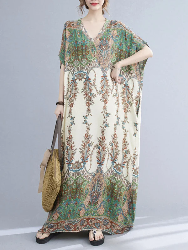 Zjkrl - Vintage Floral Printed V-Neck Batwing Sleeves H-Line Maxi Dress Cozy Maxi Dress with Slit Zjkrl - Vintage Floral Printed V-Neck Batwing Sleeves H-Line Maxi Dress Cozy Maxi Dress with Slit