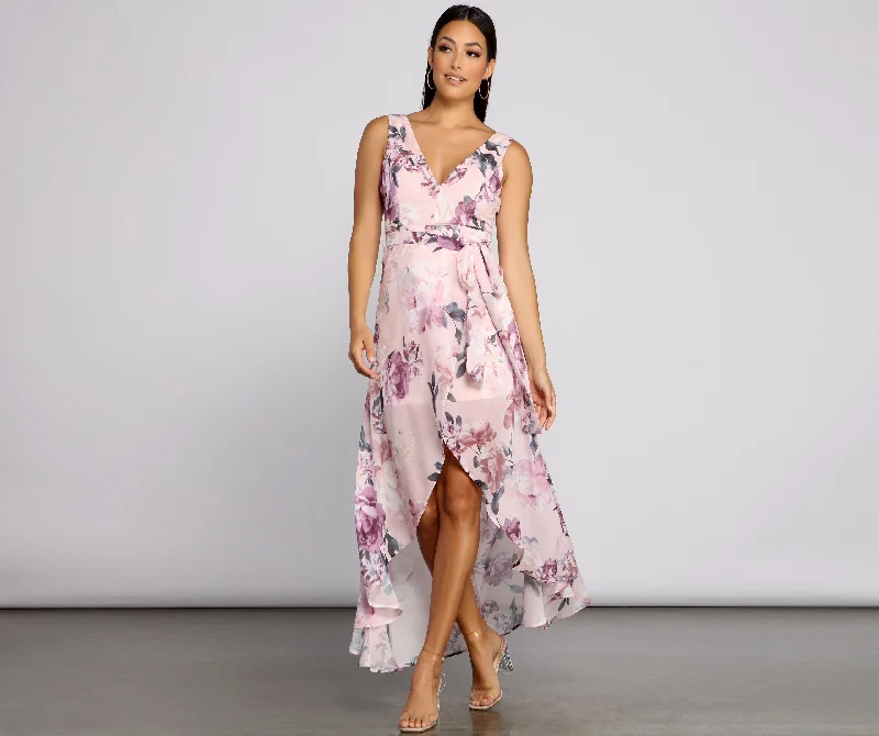 Wrapped In Romance Charming Floral Chiffon Maxi Dress Fashionable High-Low Maxi Dress Wrapped In Romance Charming Floral Chiffon Maxi Dress Fashionable High-Low Maxi Dress