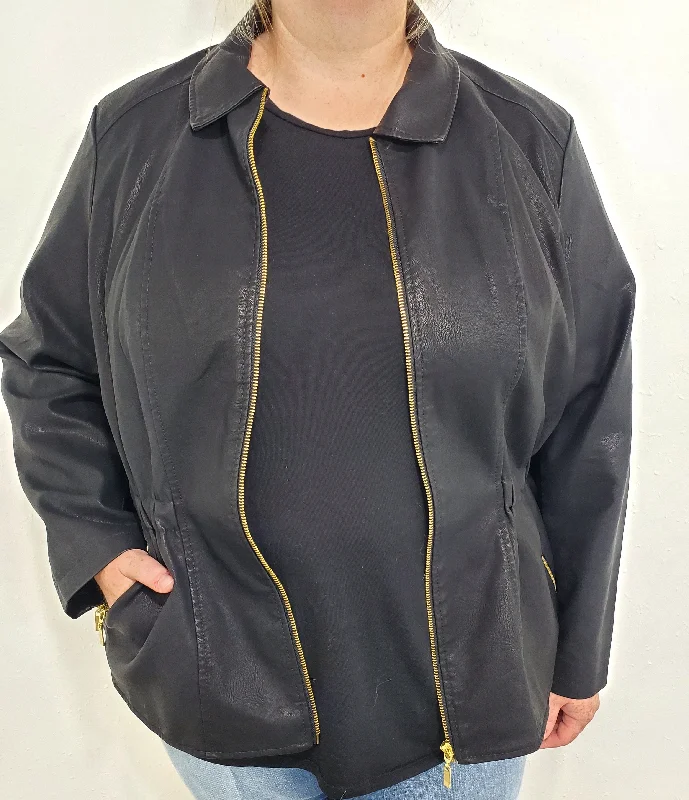 CINCH WAIST FAUX LEATHER JACKET - BLACK - CURVY Nylon Jacket Polyester Jacket Spandex Jacket CINCH WAIST FAUX LEATHER JACKET - BLACK - CURVY Nylon Jacket Polyester Jacket Spandex Jacket