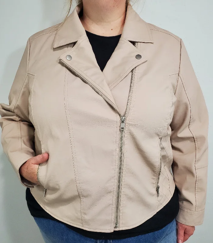 FAUX LEATHER QUILTED MOTO JACKET - MUSHROOM - CURVY Jacket Blazer Coat
