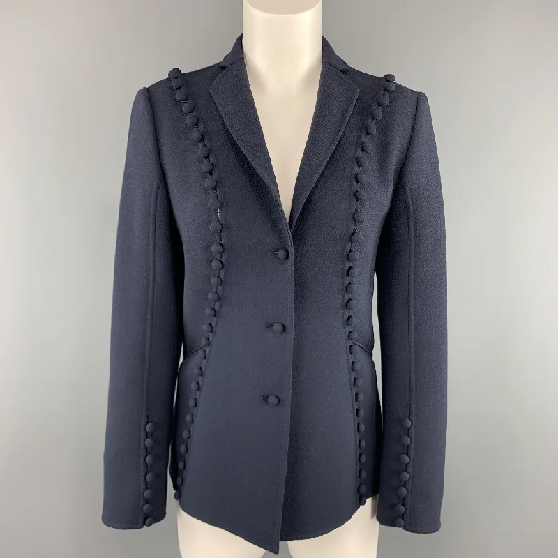 CHADO RALPH RUCCI Size 2 Navy Crepe Wool Button Trim Notch Lapel Jacket Collared Jacket Crew Neck Jacket Turtle Neck Jacket CHADO RALPH RUCCI Size 2 Navy Crepe Wool Button Trim Notch Lapel Jacket Collared Jacket Crew Neck Jacket Turtle Neck Jacket