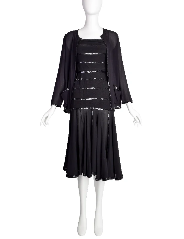 Chanel Vintage Rare Black Pleated Silk Sequin Dress and Jacket Ensemble Set Elasticated Jacket Padded Jacket Insulated Jacket Chanel Vintage Rare Black Pleated Silk Sequin Dress and Jacket Ensemble Set Elasticated Jacket Padded Jacket Insulated Jacket