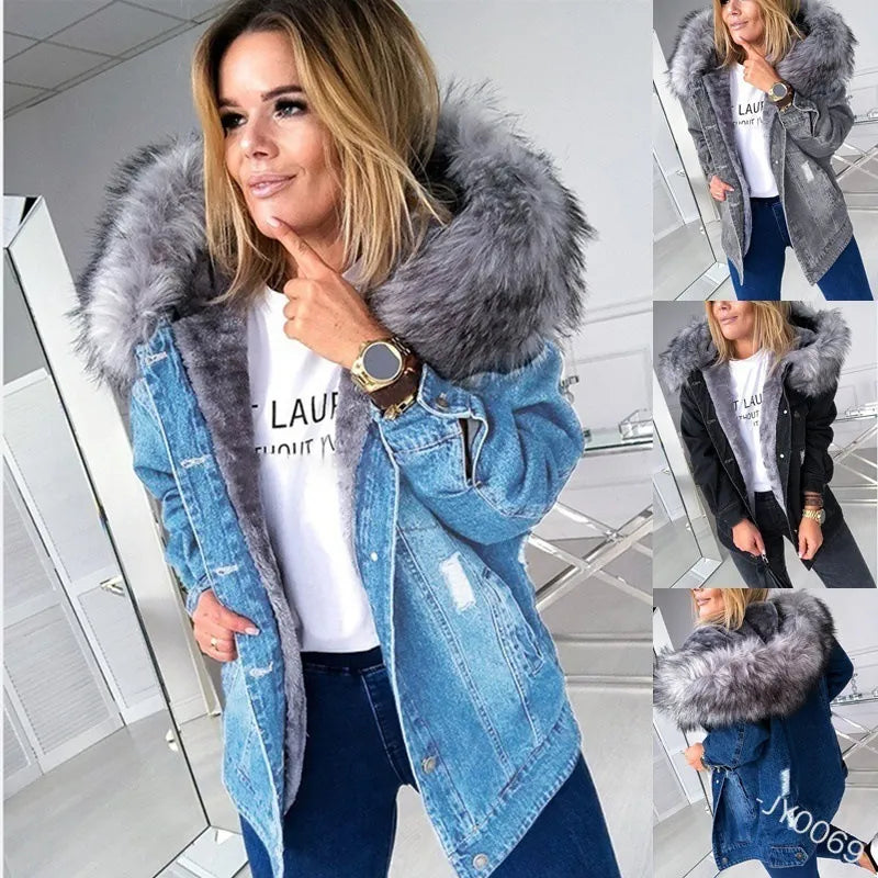 Fashion Hooded Big Fur Collar Denim Jacket Women One-Shoulder Jacket Off-the-Shoulder Jacket Asymmetrical Jacket Fashion Hooded Big Fur Collar Denim Jacket Women One-Shoulder Jacket Off-the-Shoulder Jacket Asymmetrical Jacket
