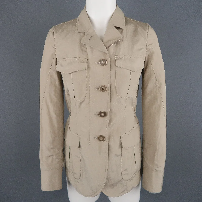 GIORGIO ARMANI Size 2 Khaki Silk Blend Safari Jacket Faux Fur Jacket Real Fur Jacket Shearling Jacket GIORGIO ARMANI Size 2 Khaki Silk Blend Safari Jacket Faux Fur Jacket Real Fur Jacket Shearling Jacket
